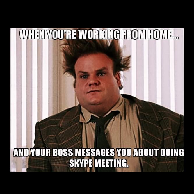 Remote work Memes - When you're working from home And your boss messages you about doing Skype meeting