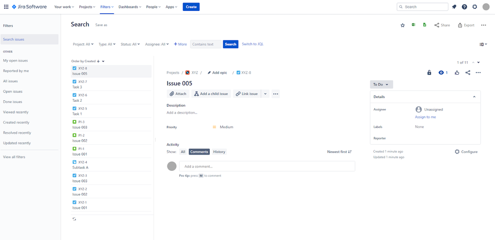Jira Software screenshot showing the Issues selection
