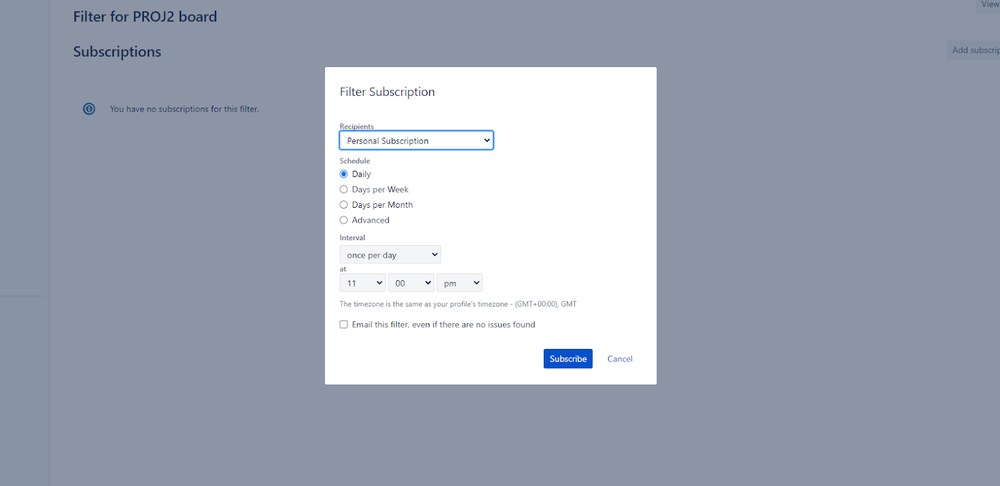 Jira Software screenshot showing how to Add subscription to a filter